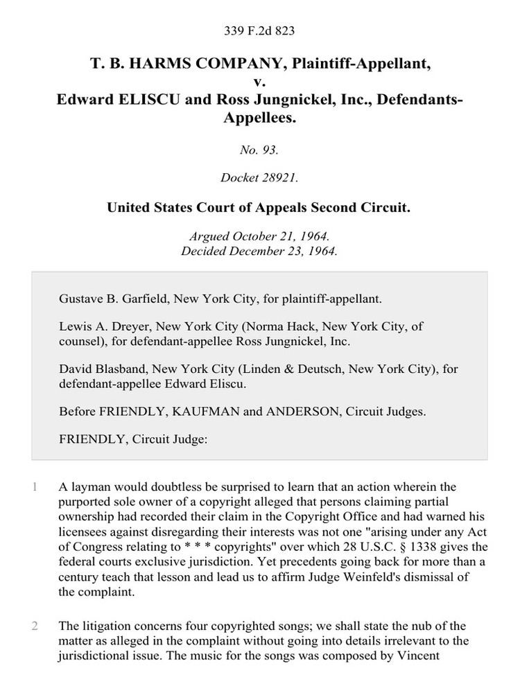 Ross Jungnickel T B Harms Company v Edward Eliscu and Ross Jungnickel Inc 339