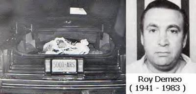 On left, a murder victim of New York Mobster Roy DeMeo found at the back of his car. On left, Roy DeMeo posing for his mugshot in prison.