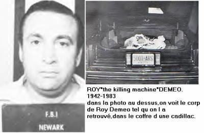 On left, Roy DeMeo posing for his mugshot in prison. On left, a murder victim of New York Mobster Roy DeMeo found at the back of his car.