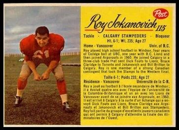 Roy Jokanovich Roy Jokanovich 1963 Post CFL 115 Vintage Football Card Gallery