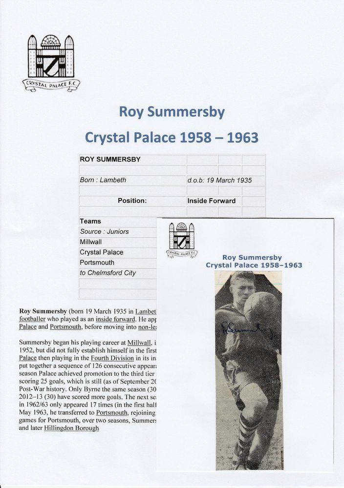 Roy Summersby ROY SUMMERSBY CRYSTAL PALACE 19581963 ORIGINAL HAND SIGNED
