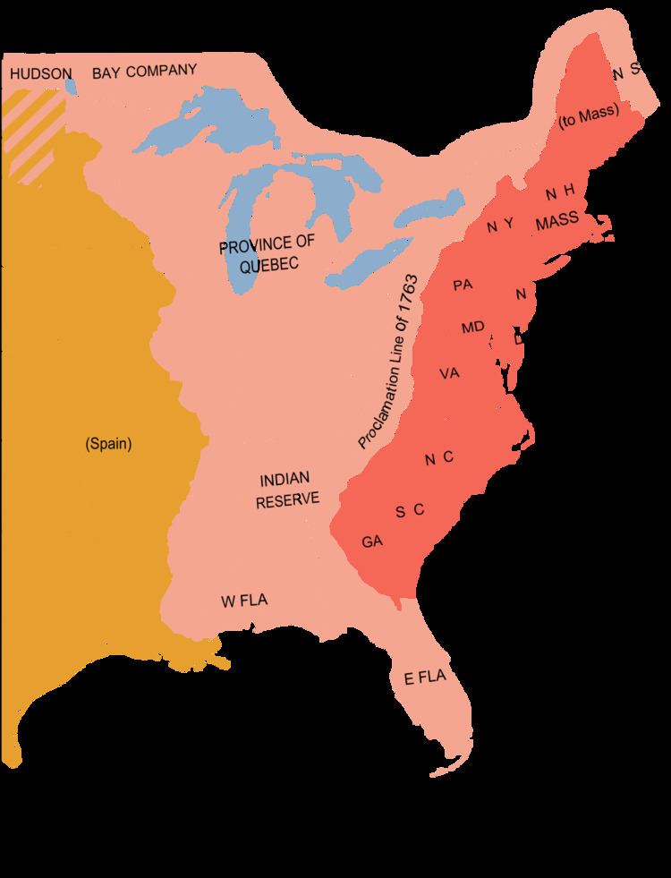 A portion of eastern North America; the 1763 "proclamation line" is the border between the red and the pink areas