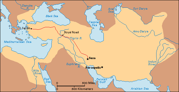 A map showing the Royal Road built from Sardis to Susa.