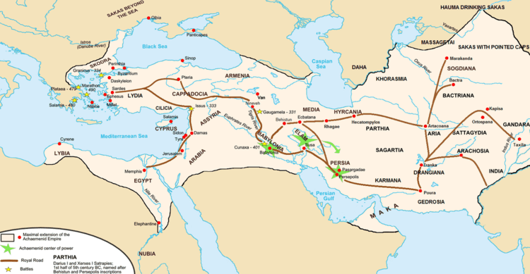 A map showing the Royal Roads of the Achaemenid Persian Empire.