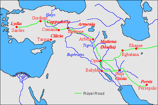A map showing the Royal Road built from Sardis to Susa with posting stations. Connects capitals of Persia, Elam, and Syria, to Gordium and Sardis. Crosses the Tigris at Amida.