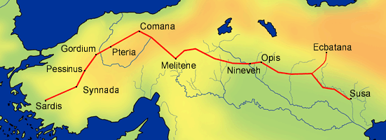 A map showing the Royal Road built from Sardis to Susa with posting stations.