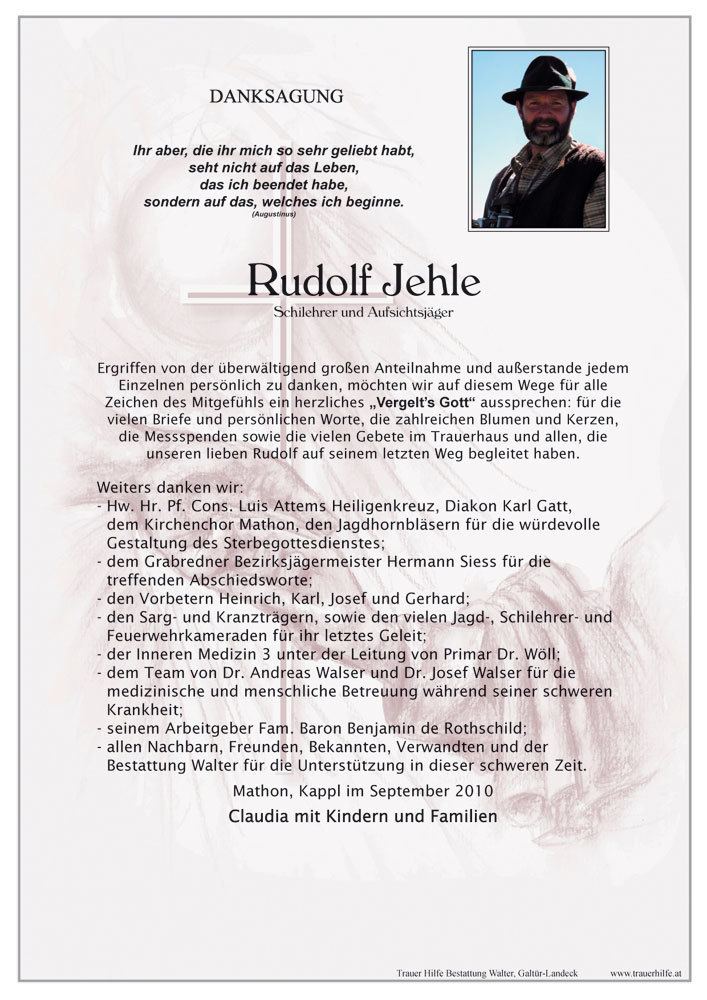 Rudolf Jehle Verstorbener Herr Rudolf Jehle Trauerhilfe Bestattungs GesmbH