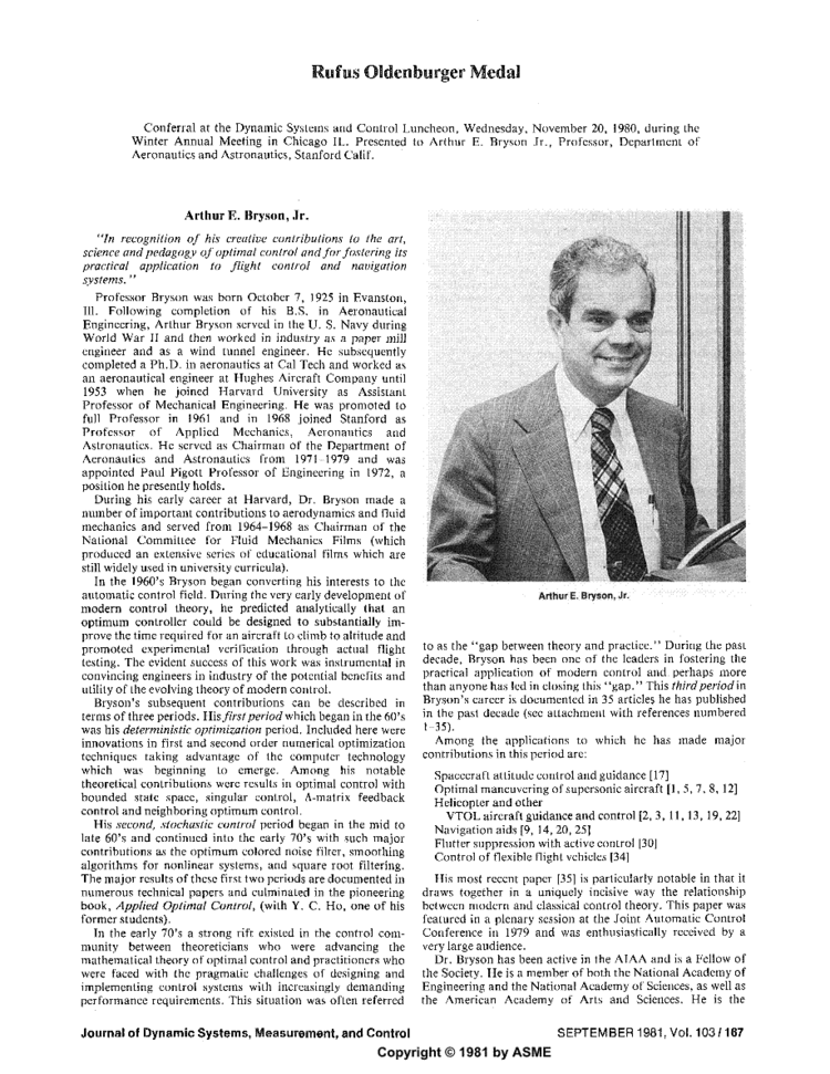 Rufus Oldenburger Rufus Oldenburger Medal Arthur E Bryson Jr Journal of Dynamic