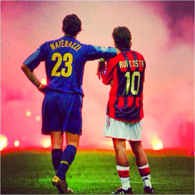 Rui Costa Marco Materazzi Inter Milan and Rui Costa AC Milan watching on