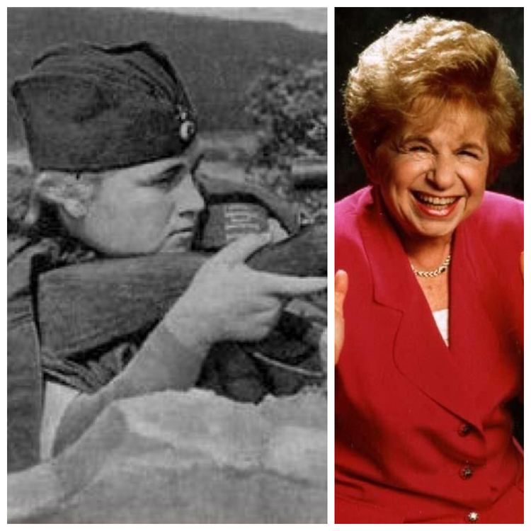 On the left Ruth Westheimer was trained as a sniper and on the right Ruth Westheimer wearing red coat and necklace
