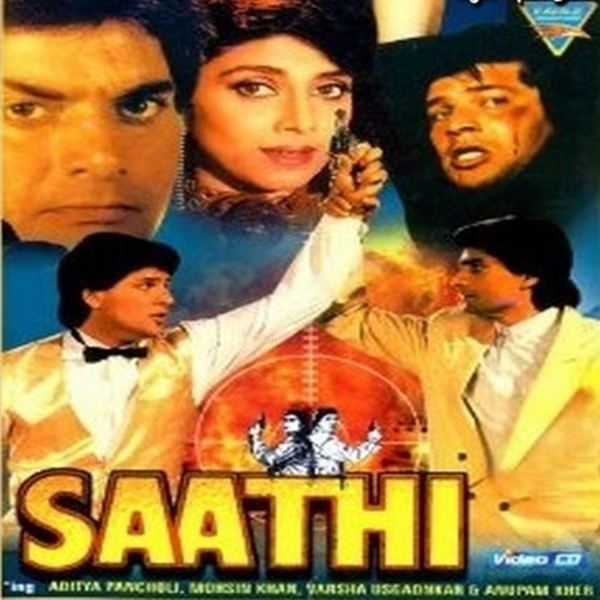 The poster of the movie SAATHI 1991, At the top, on the left Moshin Khan is serious, has black hair black eyebrow, in the middle Varsha Usgaonkar is serious, mouth half open has brown-red hair,
at the right, Aditiya Pancholi is serious mouth half open hands up, has blood on his cheek, black hair wearing a black long sleeves, At the bottom from the left Aditya Pancholi is serious, mouth half open, standing with his left hand holding a gun up with a yellow round spotlight at the back, looking to his left has black hair wearing a white long sleeve polo with black bowtie under a gold vest, in the middle at the right Mohsin Khan is serious looking to his right, holding Aditya’s hand, has black hair wearing a white polo under a cream coat, below is the title with Aditya Pacholo standing(left) back to back with Moshin Khan(right) in a crosshair with explosion effects at the back, from left Aditya standing with his hand holding a gun up, facing his right, has black hair wearing a black jacket, at the right Moshin Khan with his hand holding a gun up has black hair wearing a white jacket below is the title “SAATHI”