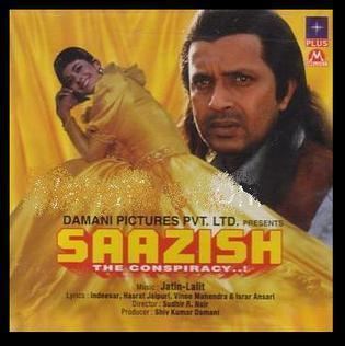 The movie poster of Saazish (1998 film), from left, Pooja Batra is sitting leaning to her legs, with her hands clasped on her right cheek she has black hair wearing a gold earrings and a yellow gown at the back is a yellow curtain as background, at the right, Mithun Chakraborty is serious, he has long black hair and a mustache wearing a gray polo under a brown vest.