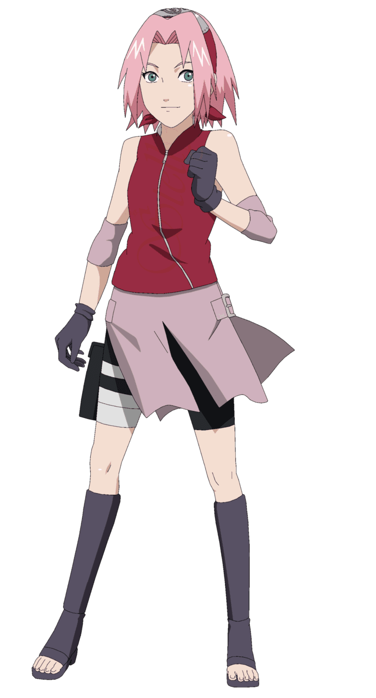 Sakura Haruno with pink hair wearing a red top and gloves.