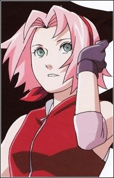 Sakura Haruno with pink hair and wearing a red sleeveless shirt while holding her hair.