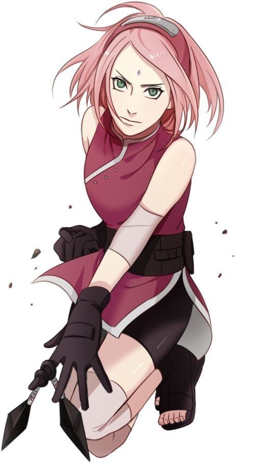 Sakura Haruno with pink hair and wearing a sleeveless red dress and gloves.