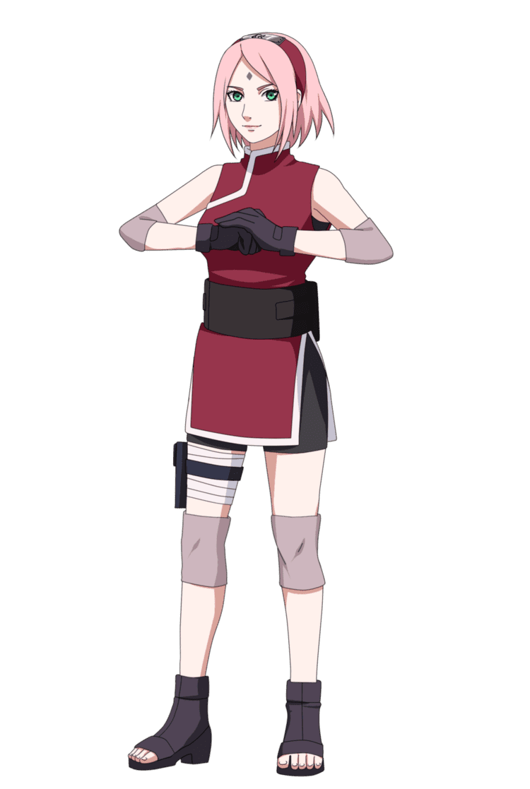 Sakura Haruno with pink hair, wearing a red dress, gloves, knee pads, and shoes.