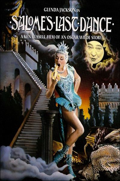 Stratford Johns's face behind the clouds while Imogen Millais-Scott eating a banana in the movie poster of the 1988 film, Salome's Last Dance