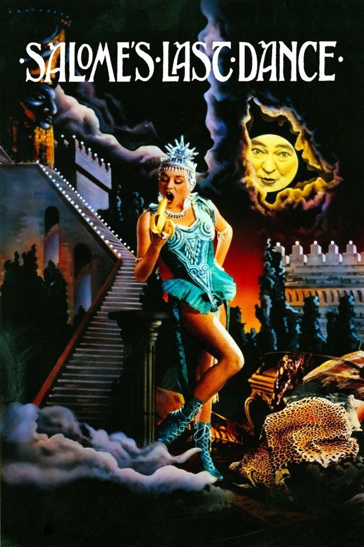 Stratford Johns's face behind the clouds while Imogen Millais-Scott eating a banana in the movie poster of the 1988 film, Salome's Last Dance