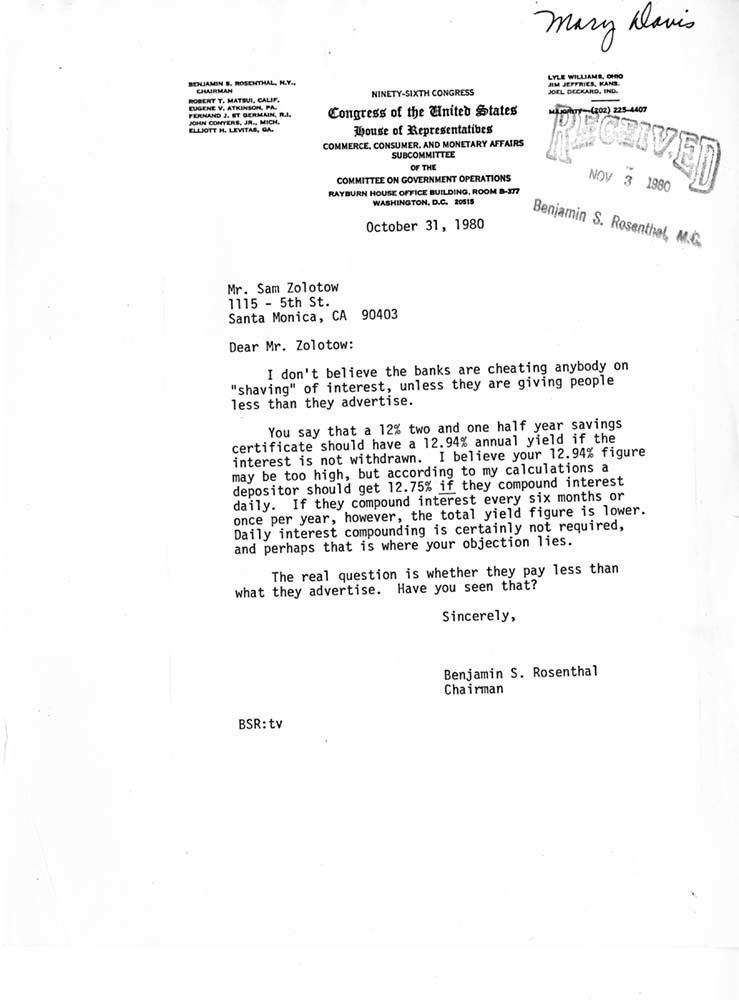 Sam Zolotow Correspondence Between Benjamin Rosenthal and Sam Zolotow Continued