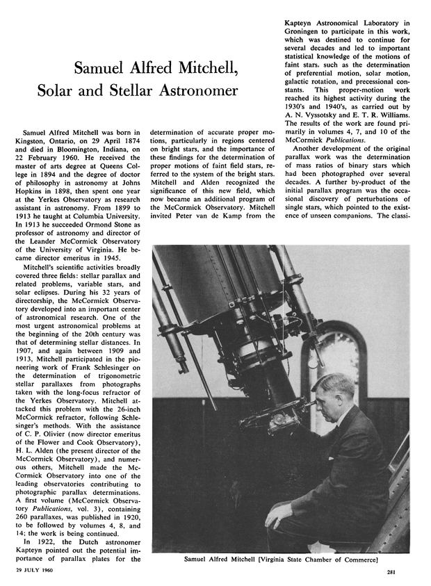 Samuel Alfred Mitchell Samuel Alfred Mitchell Solar and Stellar Astronomer Science