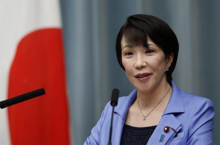 Sanae Takaichi giving a speech during the news conference at Prime Minister Shinzo Abe's official residence in Tokyo