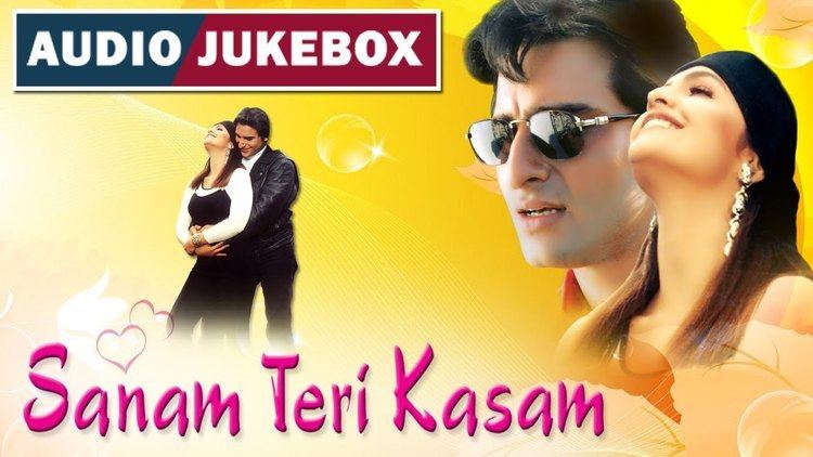 the movie poster of Sanam Teri Kasam (film) 2009, has a yellow background with transparent bubbles, at the top left, has a box with dark blue background with a written word AUDIO and maroon color with word written word JUKEBOX, on the left, Pooja Bhatt(left) is standing, with her hands on her stomach, has long brown hair wearing a white long earrings, a black head band, a white long sleeve with black top and black pants,  Saif Ali Khan(right) is standing hugging from the back, with his hands on Pooja’s Stomach, has black hair wearing a white polo under a black leather jacket, and black pants, at the right, from left, Saif Ali Khan is serious, mouth half open, has black hair wearing a black sunglasses, from right, Pooja Bhatt is smiling, has brown hair wearing a white long earrings, and black headband, at the bottom left, is the title Sanam Teri Kasam.