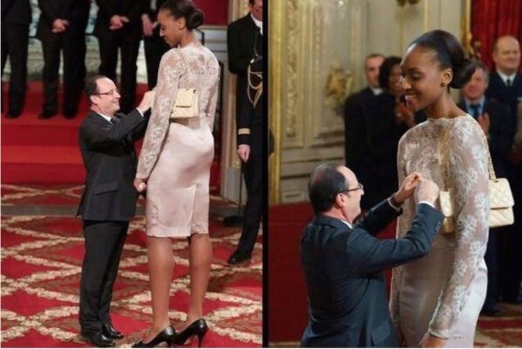 Sandrine Gruda President Francois Hollande awards the basketball player