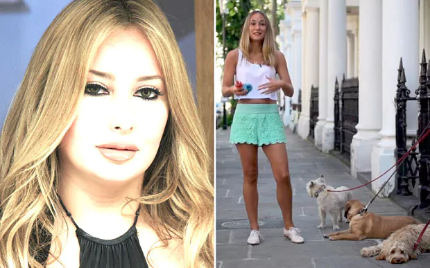 On the left, Sara bint Talal with blonde hair and wearing a black top. On the right, Sara bint Talal with three dogs, wearing a sexy white top and mint green skirt.