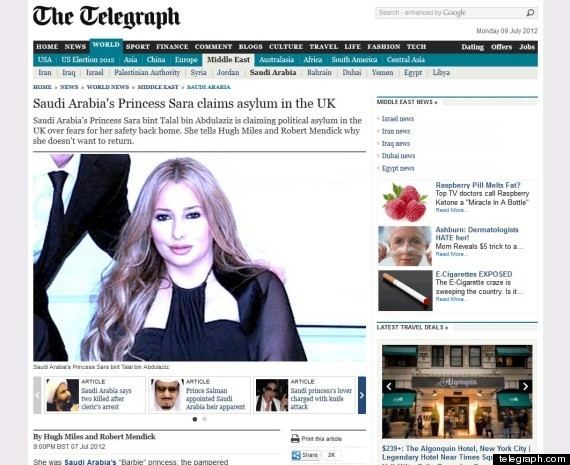 News featuring Saudi Arabia's Princess Sara bint Talal with long blonde hair, wearing a black top with a man beside her wearing a black suit and a tie.