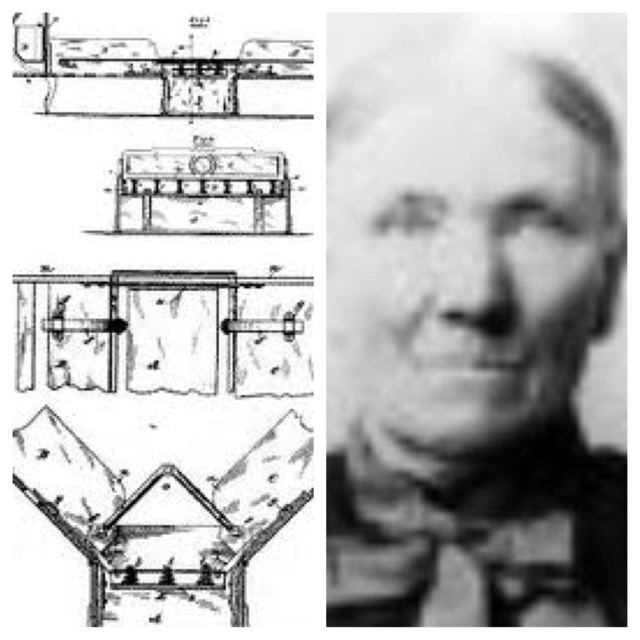 Sarah E. Goode's patent (left), a folding cabinet bed, and Sarah with a serious face wearing a ribbon (right).