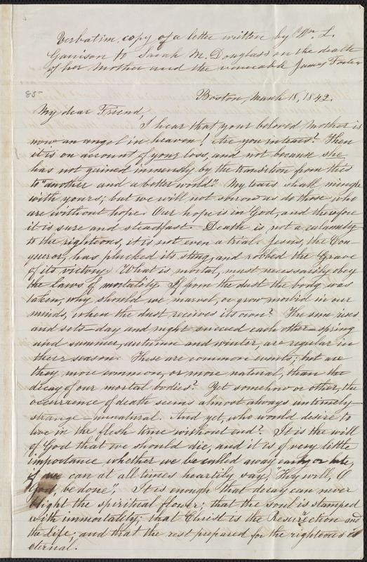 Sarah Mapps Douglass Copy of letter from William Lloyd Garrison Boston Mass to