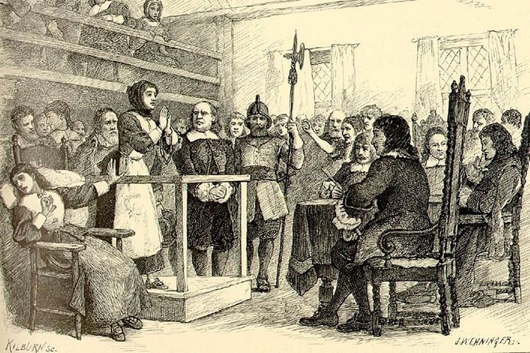 Illustration of the trial of Martha Corey, a wife of a Salem Village farmer who was convicted of witchcraft during the Salem Witch Trials of 1692. (Illustration by John W. Ehninger in The Complete Poetical Works of Henry Wadsworth Longfellow, Houghton/Public Domain)