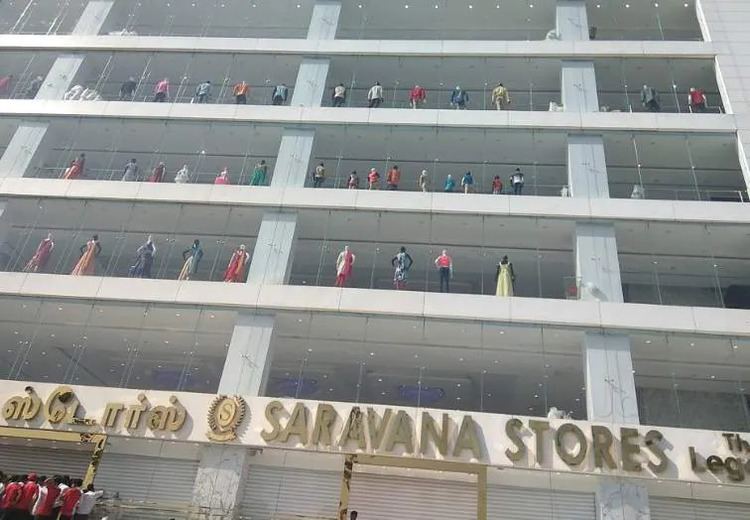Saravana Store is a very big store and a lot of people (left) are waiting for it to open, it has 10 mega floors. The  3rd floor up to the 5th floor has black and white mannequins with different types, designs, and colors of clothes being used.