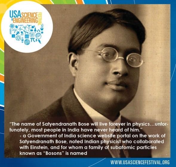 On the USASCIENCEFESTIVAL picture is Satyendra Nath Bose is serious and has a black chair,  on the top left is the logo of USA SCIENCE&ENGINEERING FESTIVAL, below is the description of him as a person “The name of Satyendranath Bose will live forever in physics…unfortunately, most people in India have never heard of him.” – a Government of India science website portal on the work of Satyendranath Bose, noted India physicist who collaborated with Einstein, and for whom a family of subatomic particles known as “Bosons” is named, he wears eyeglasses, white long sleeves, black necktie under a black suit.