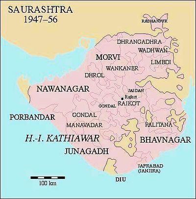 Map of United Saurashtra (Kathiawar) State in 1947-56