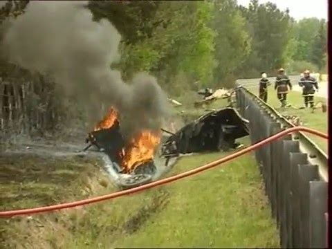 Sébastien Enjolras' fatal accident in 1997 as captured with the flames being attended by firefighters.