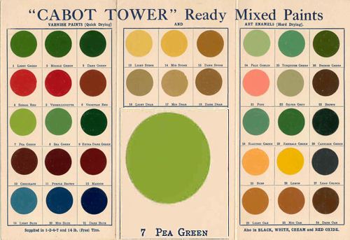 Color chart consisting of pastel colors and different shades of green