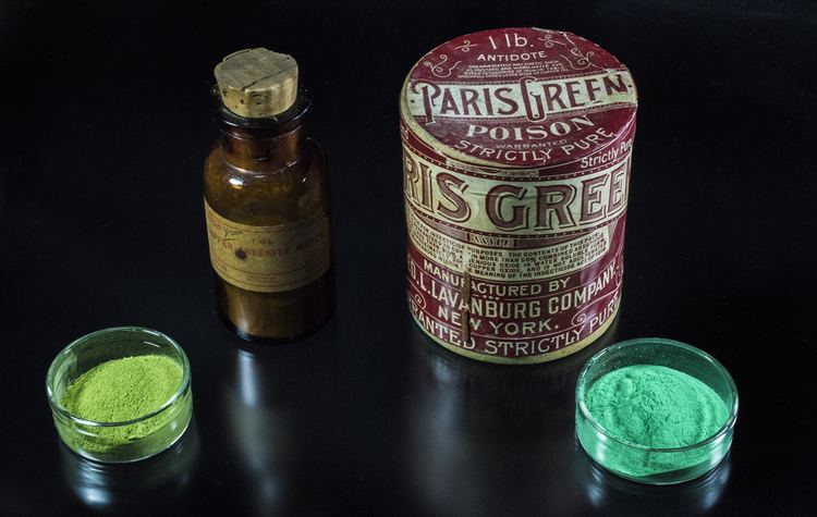 On the left, is the bottle of Scheele's Green (copper arsenite) while on the right, is the Paris Green (copper acetoarsenite)