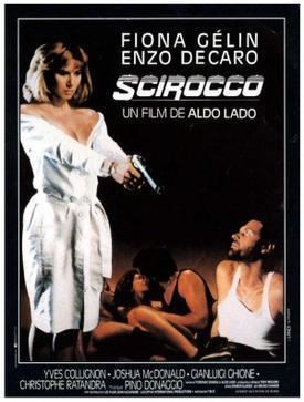 Fiona Gélin holding a gun while Enzo De Caro looking at her in the movie poster of the 1987 film, Scirocco