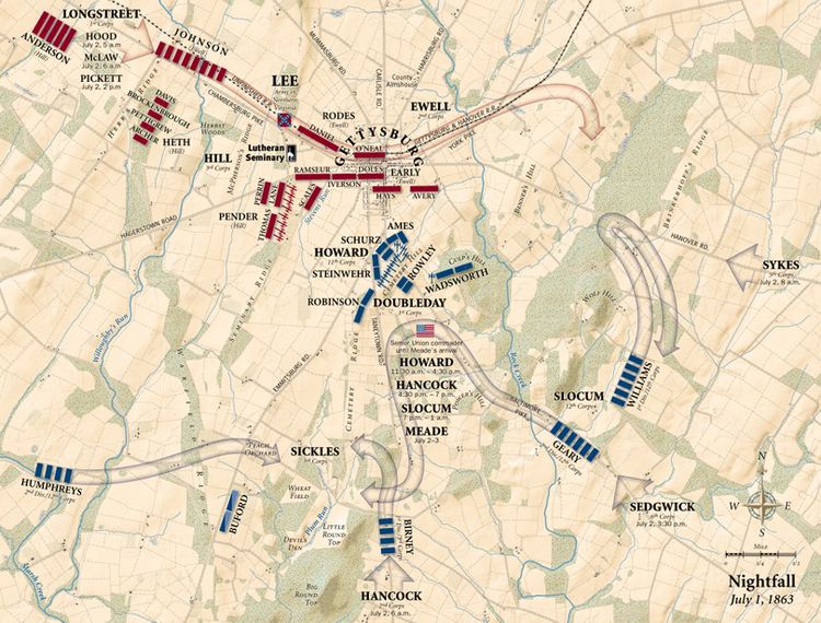 Seminary Ridge Battle of Gettysburg Map July 1 1863 Nightfall map Gettysburg