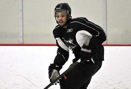 Sena Acolatse Oneonone with Worcester Sharks defenseman Sena Acolatse