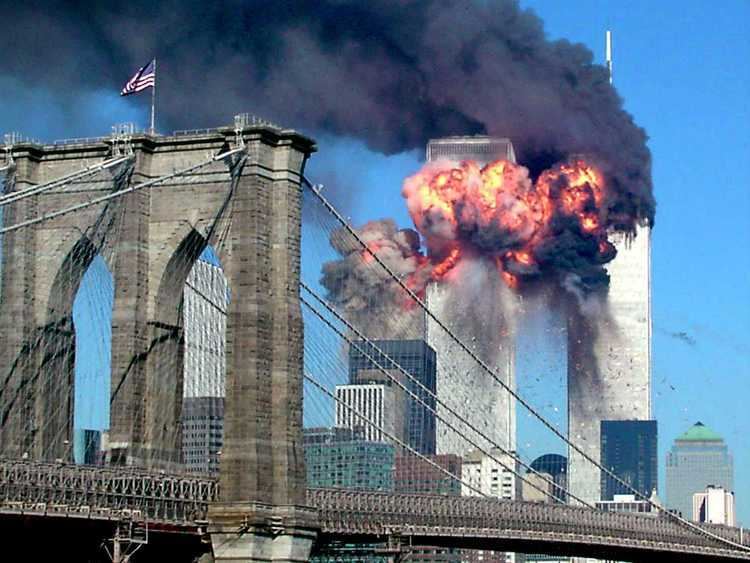 Actual footage of the September 11 attacks that caused the Twin Tower in New York City to burst into fire and a view of the Manhattan Bridge.