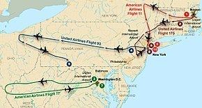 A map shows the flight paths of the United Airlines Flight 93 on September 11, 2001.