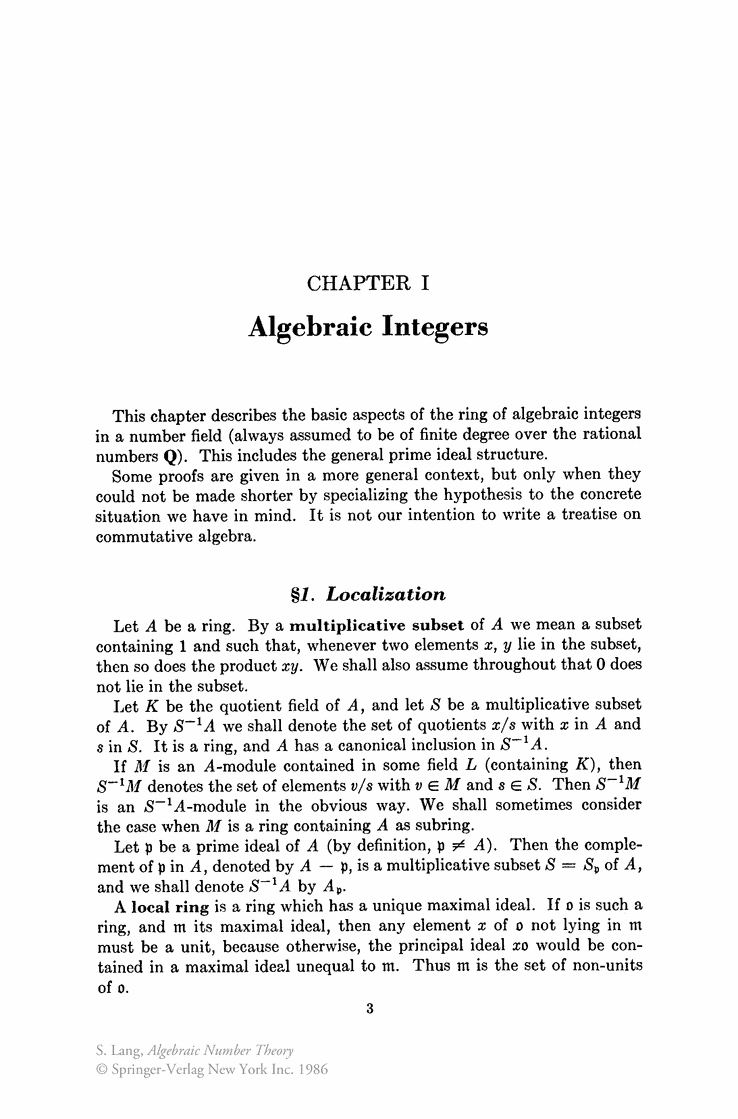Serge Lang Algebraic Number Theory Springer