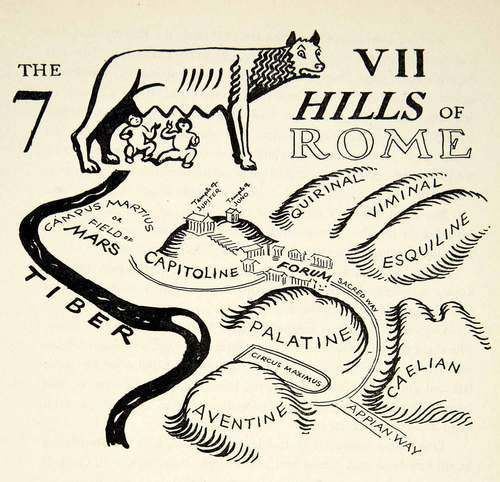 Seven hills of Rome The seven hills of Rome with the Shewolf and Romulus and Remus