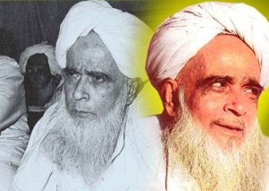 On the left, E. K. Aboobacker Musliyar's serious face while wearing white turban and white long sleeves while on the right, he is smiling