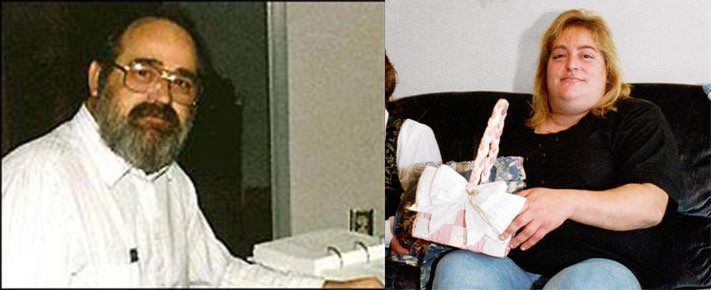 On the left, a man wearing eyeglasses and white long sleeves. On the right, Sharon Lopatka with blonde hair, sitting on a black couch and wearing a black shirt while holding a basket.