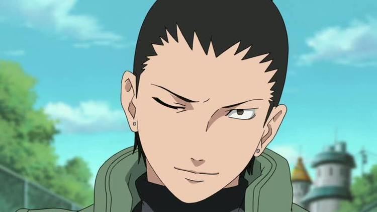 Shikamaru Nara smiling and winking while wearing a black shirt under a green vest and ear piercings