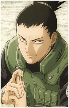 Shikamaru Nara smirking and doing a rat hand sign, having a topknot hairstyle and wearing a black shirt under a green vest and ear piercings