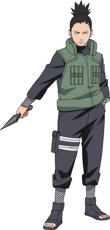 Shikamaru Nara looking serious with a topknot hairstyle, holding a dagger in his right hand and his left hand in his pocket, wearing a black shirt under a green vest, fishnet wristband, fishnet stockings, and open-toe shoes